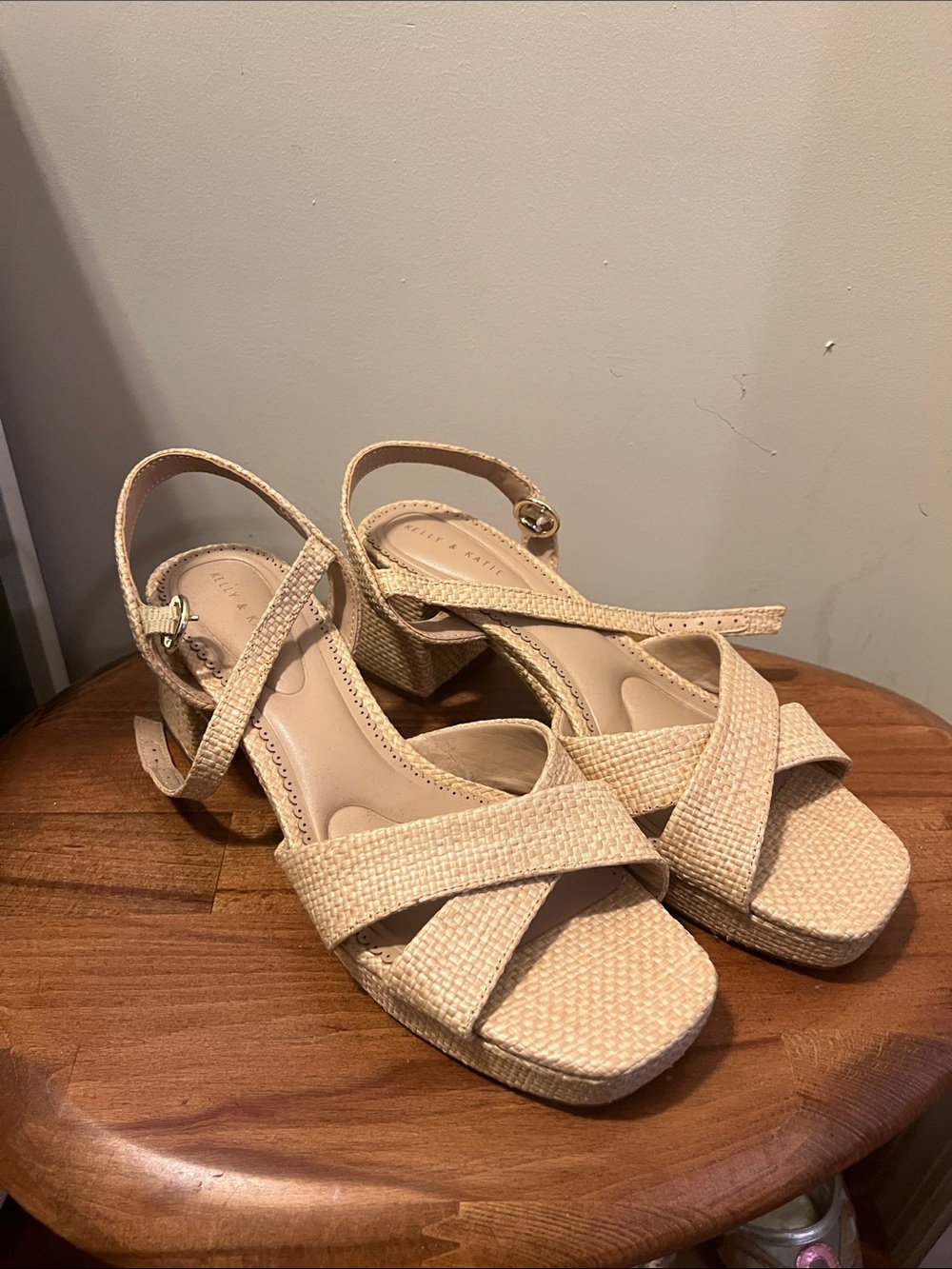 Beige block heel sandals (never worn)